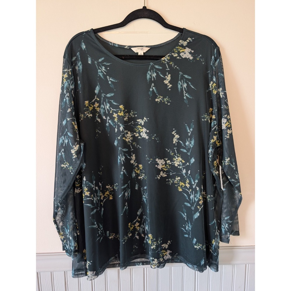 Women's Garden Floral Blouse Size 3X Hunter Green Sheer Botanical Fairy Cottage